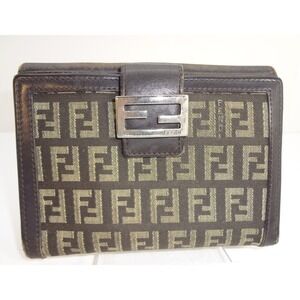 Fendi‎ Zucca Monogram Canvas Leather Compact Bifold Wallet Brown Silver Logo